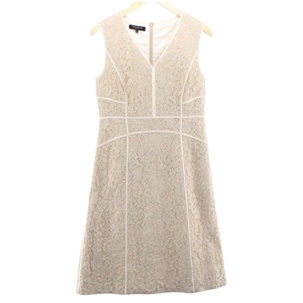 Lafayette 148 New York Women's Sleeveless V Neck Lace Overlay Dress 6 Bone Cream - Picture 8 of 8